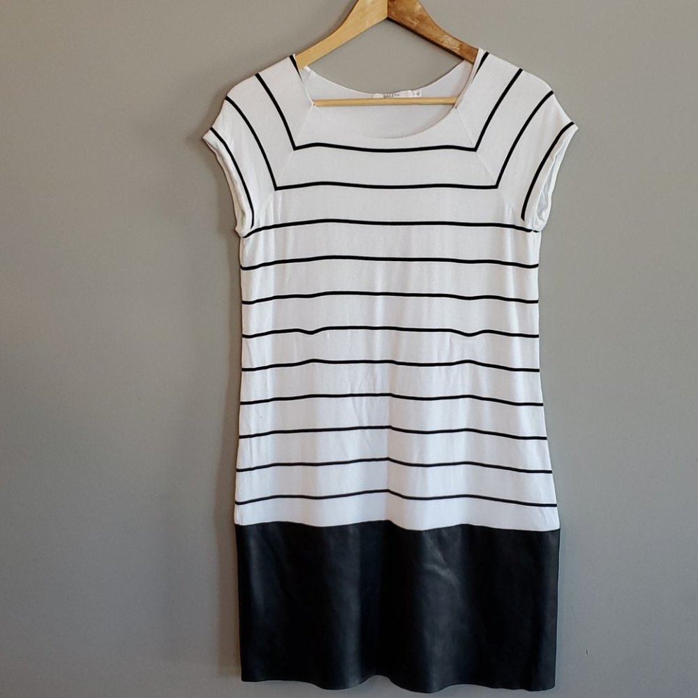 Striped dress with faux leather detail